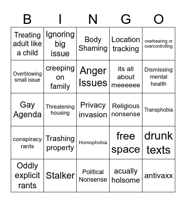 Insane parents bingo (credit to the click on youtube) Bingo Card