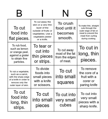 Cutting Terms Bingo Card