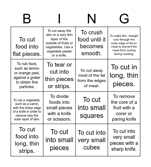 Cutting Terms Bingo Card