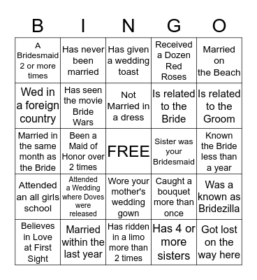 Bridal Shower Guest Bingo Card