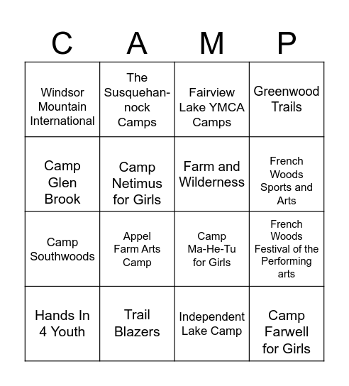 Camp Fair Bingo Card
