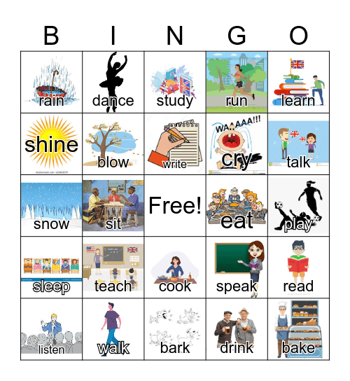 Tenses: Base Form Bingo (words and images) Bingo Card