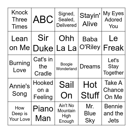 Songs of the 1970's Bingo Card