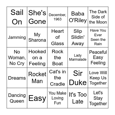 Songs of the 1970's Bingo Card