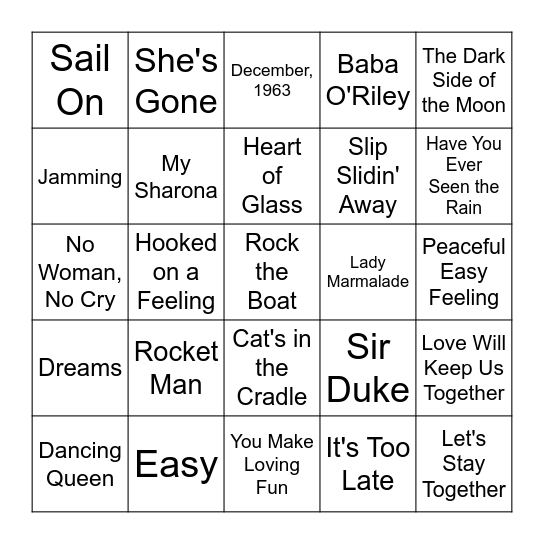 Songs of the 1970's Bingo Card