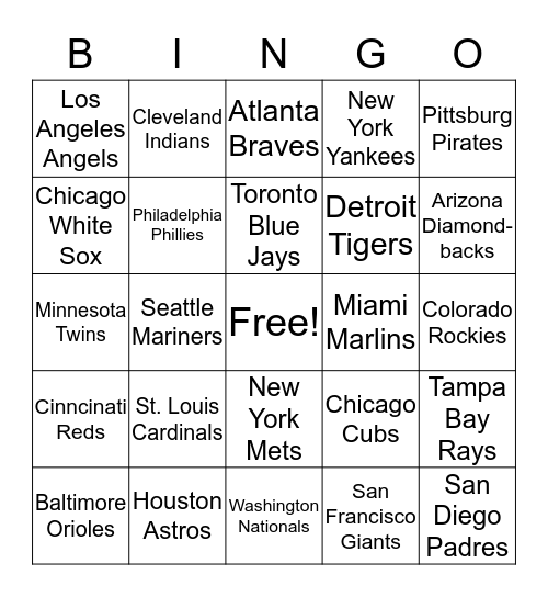 Baseball Team Bingo Card