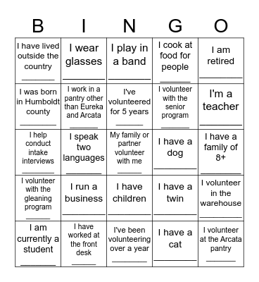 Volunteer Bingo (a name can only be used once!) Bingo Card