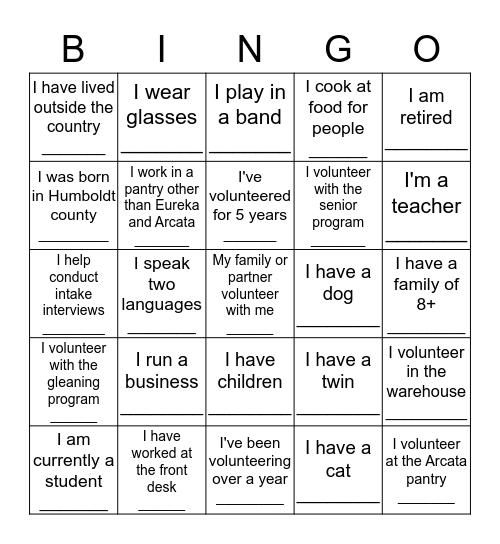 Volunteer Bingo (a name can only be used once!) Bingo Card