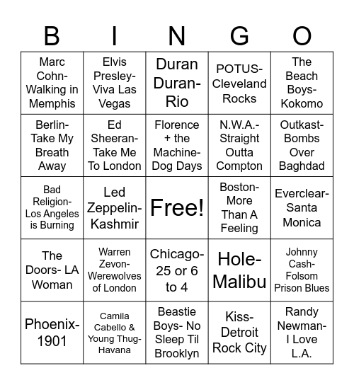 Total Quiz Trivia Presents Radio Bingo: "City" Bingo Card