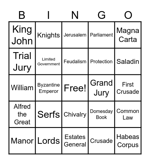 Feudalism Bingo Card