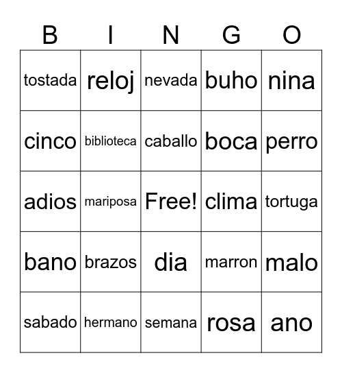 Spanish Words Bingo Card