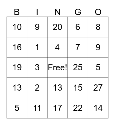 Number BINGO Card