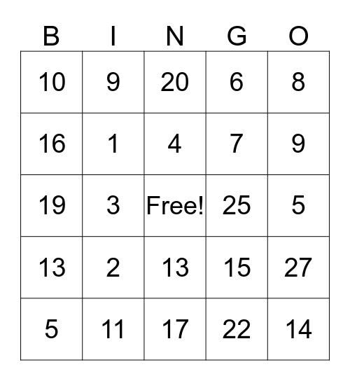 Number BINGO Card