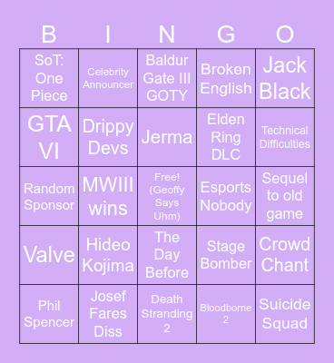 Game Awards Bingo Card