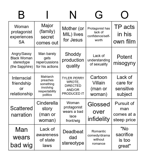 Tyler Perry Films Bingo (Non-Madea Related) Bingo Card