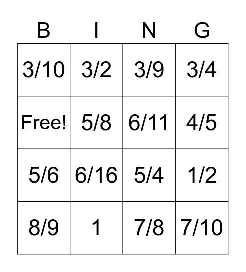 Fractions Bingo Card