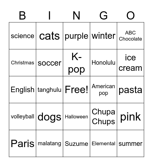 Preference Bingo Card