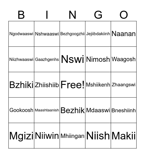 Gindaaswinak + Wesiinhik Bingo Card