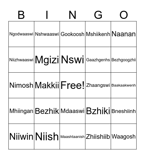 Gindaaswinak + Wesiinhik Bingo Card