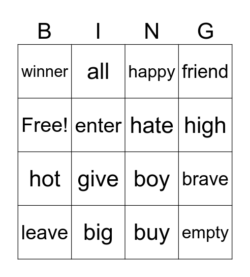 Antonym Bingo Card
