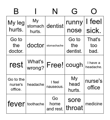 I feel sick! Bingo Card