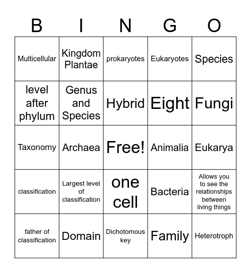 Classification Bingo Card