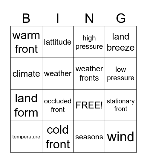 Weather Bingo 2 Bingo Card