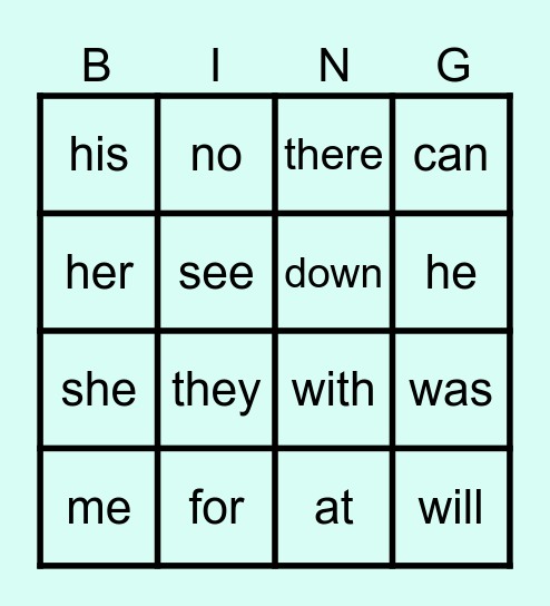 Sight Word Bingo Card