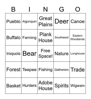 Native American Bingo Card