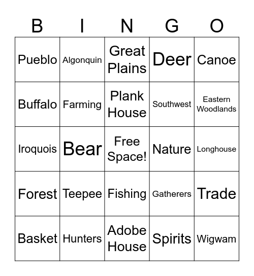 Native American Bingo Card