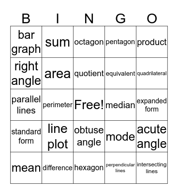 Math Vocabulary  Bingo Card