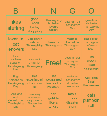 Thanksgiving BINGO Card