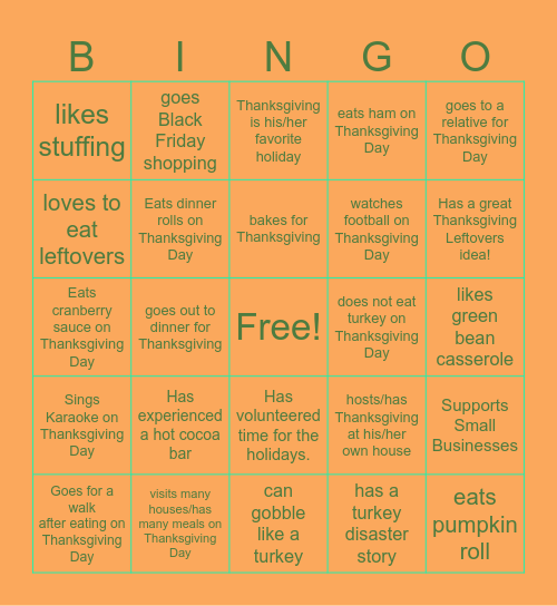 Thanksgiving BINGO Card