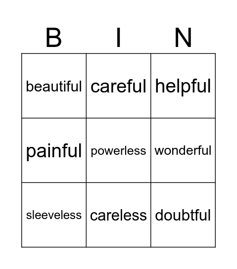 Suffix LESS & FUL Bingo Card