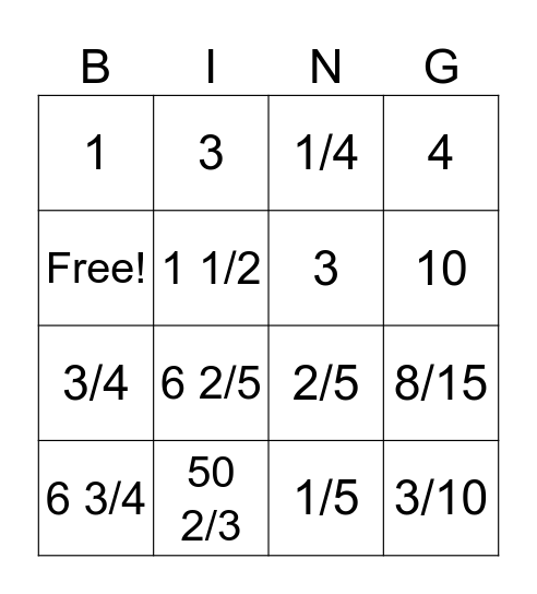 Multiplying and Dividing Fractions Bingo Card
