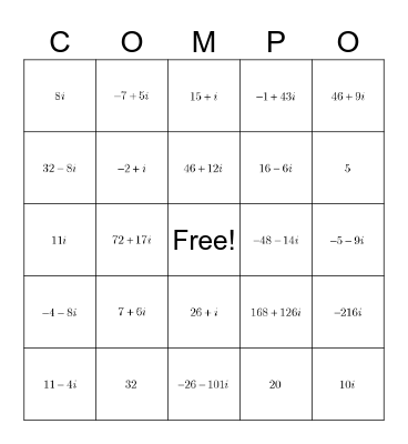 Complex Numbers Type 2 Bingo Card