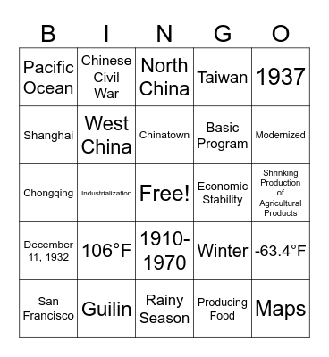 Joy Luck Club Geography Bingo Card