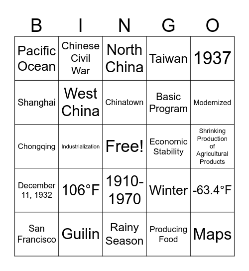 Joy Luck Club Geography Bingo Card