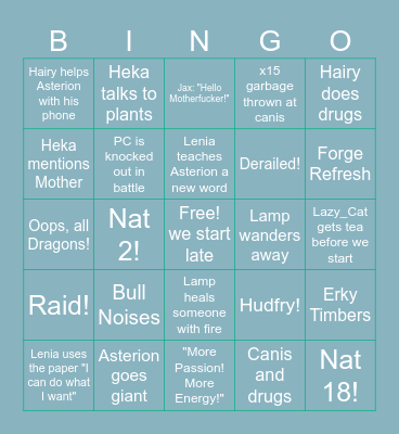 Bob'vesh Bingo Card