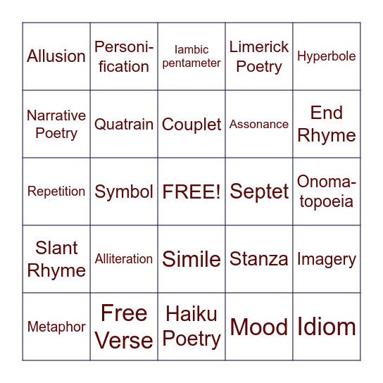 Poetry Bingo Card