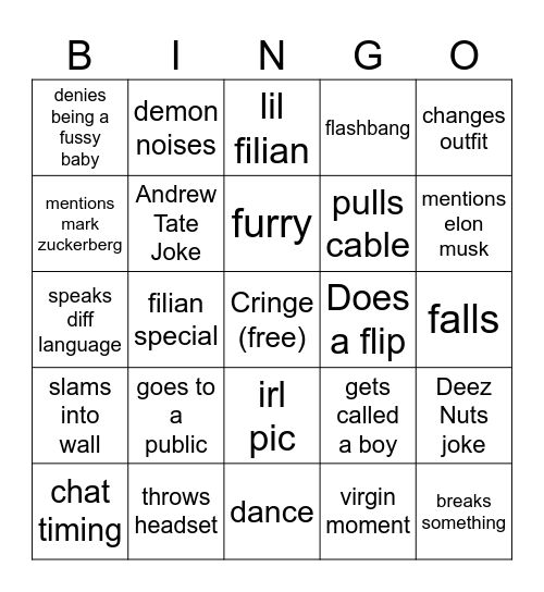 Filian Stream Bingo Card