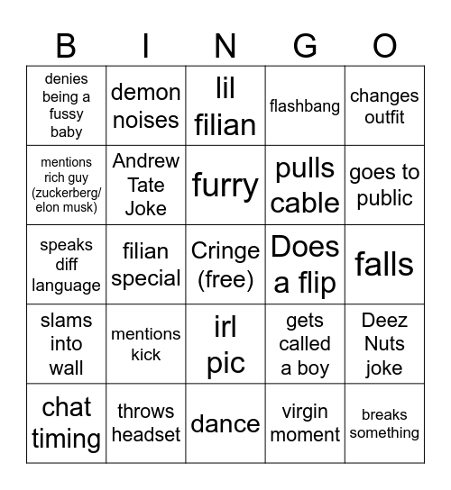 Filian Stream Bingo Card