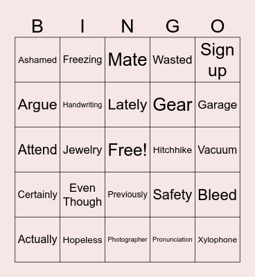 ENGLISH 4 NOV 8 Bingo Card