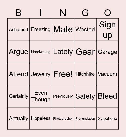 ENGLISH 4 NOV 8 Bingo Card