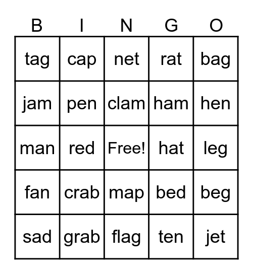 Short A & E Bingo Card