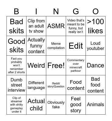 Youtube shorts BINGO Card