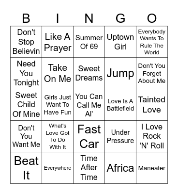 POP 80's Bingo Card