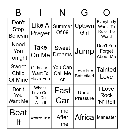 POP 80's Bingo Card