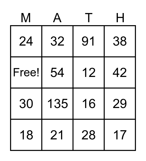 Math Bingo!! Bingo Card