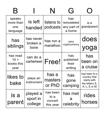 Get To Know You Bingo Card